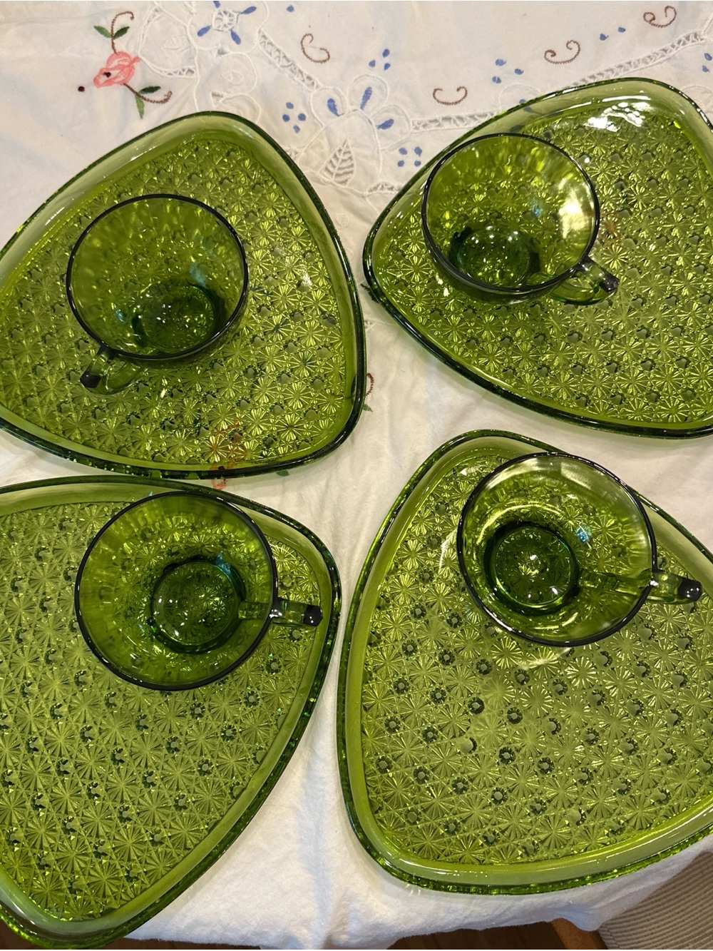 Vintage Lancaster Green Glass Triangle Cup & Plate Set
